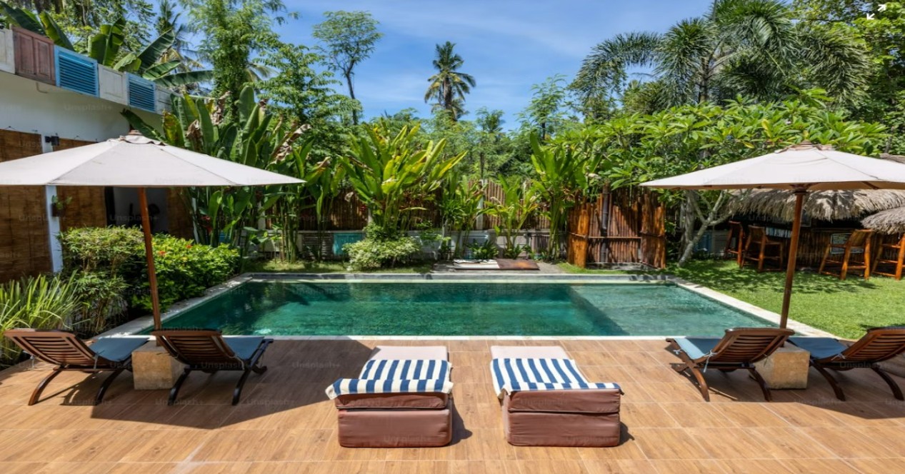 Bali Indonesia landscape with pool and palm trees